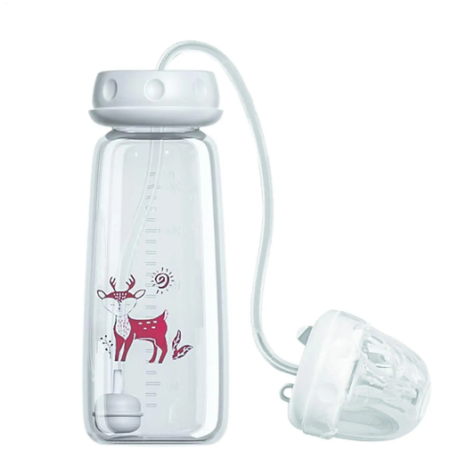 A clear plastic water bottle with a white screw cap and a clear drinking tube, shown alongside a matching clear protective cap on a white background. The bottle features a pink and red deer illustration with measurement markings.