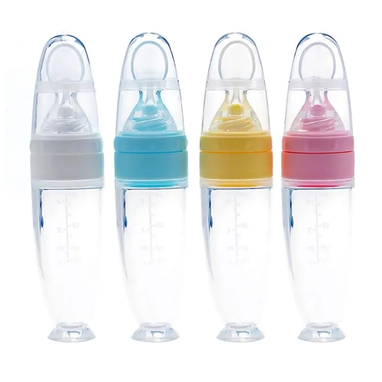 BPA-free silicone baby feeding squeeze spoons with spoon-tip nipples in gray, blue, yellow, and pink