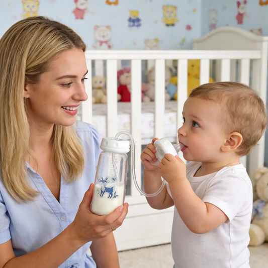 Woman holding a baby bottle with a child in a crib in the background