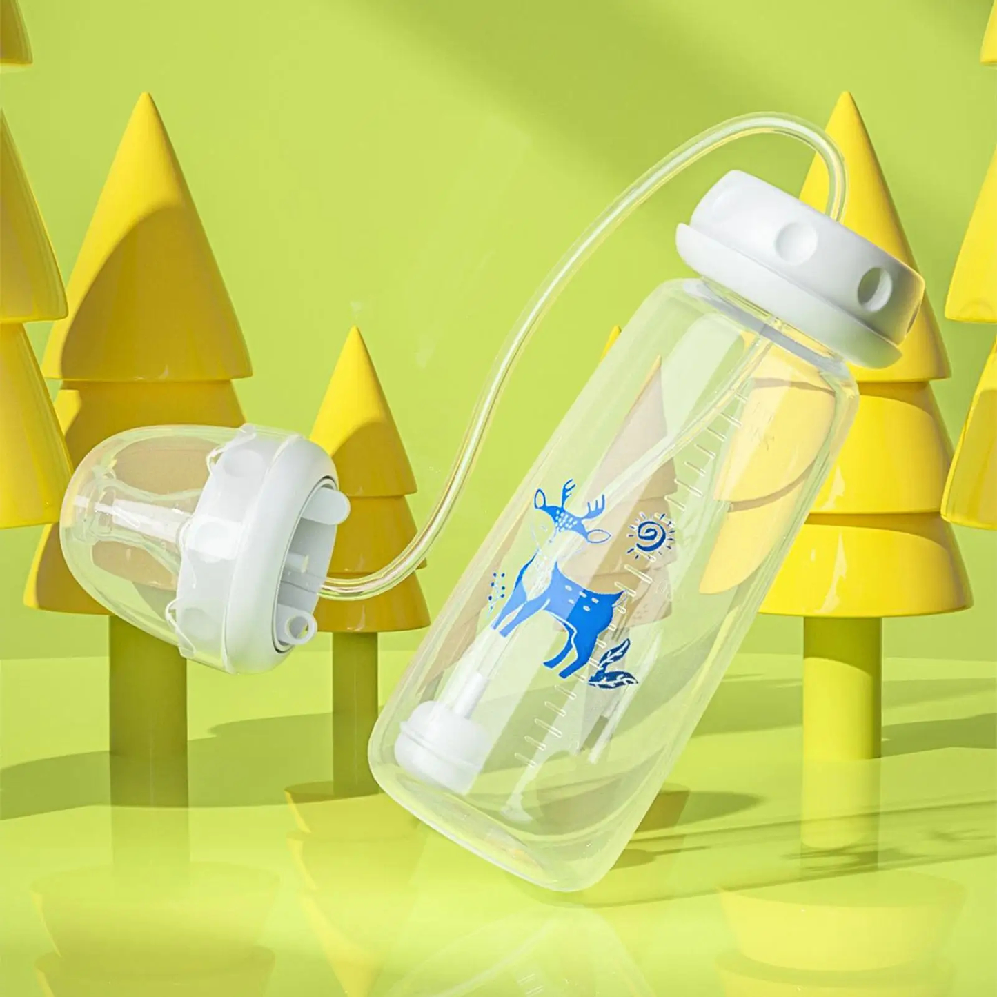 Clear water bottle with white cap and blue design on a green background with yellow tree-like structures.