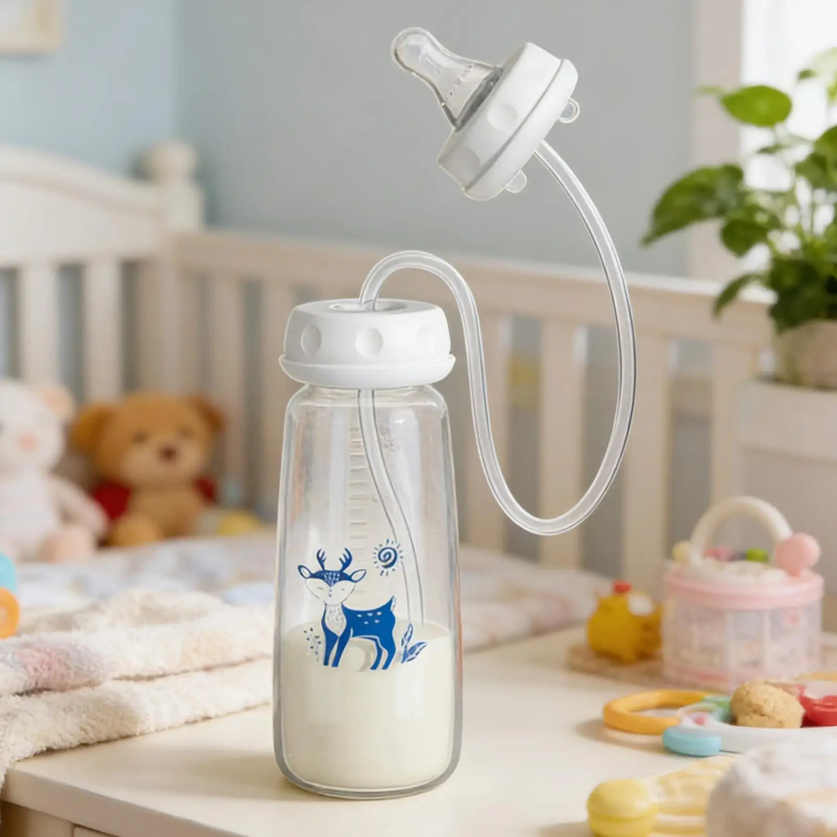 Clear baby bottle with blue deer design on a nursery counter