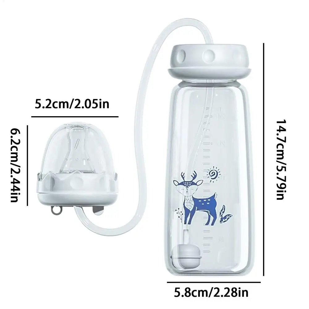 Clear water bottle with blue deer design and measurements on a white background