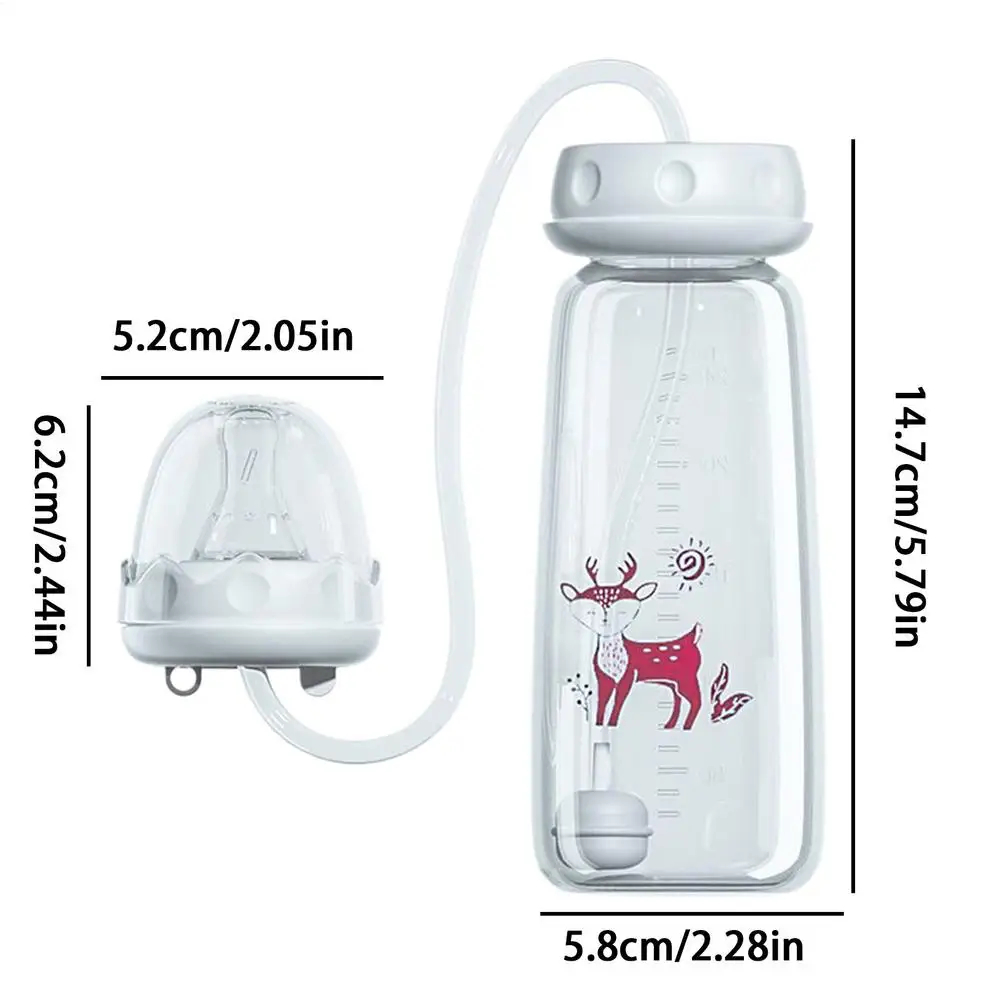 Bottle with deer design and measurements on a white background