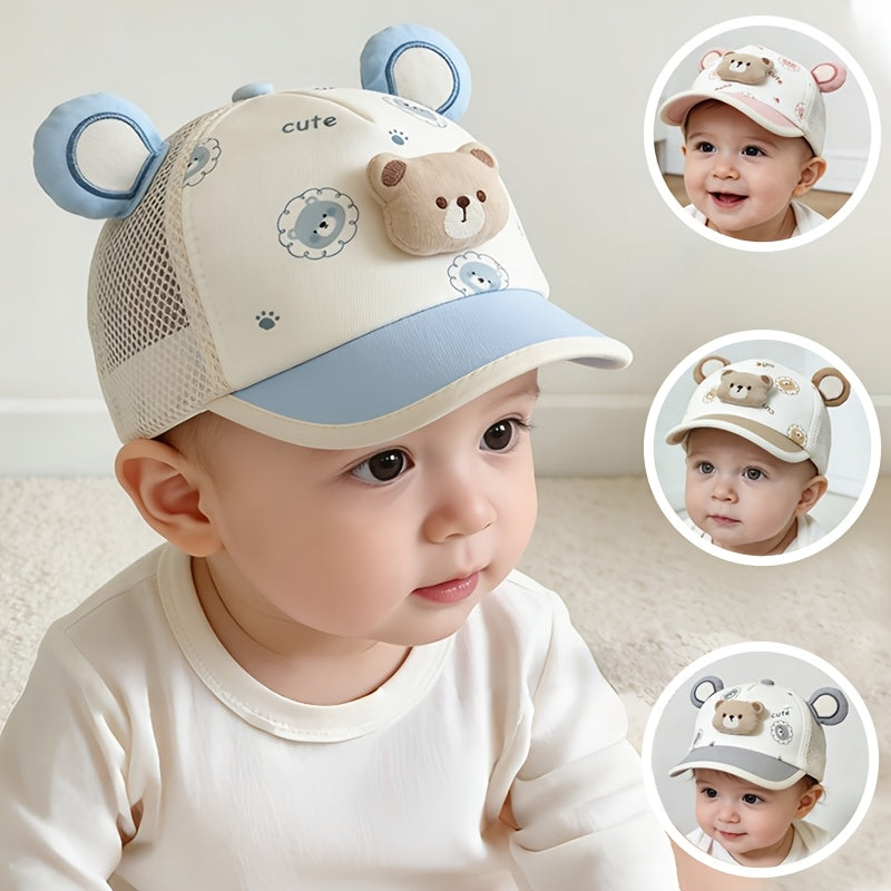 A baby wearing a cream and light blue mesh baseball cap with a 3D bear face on the front and blue ear loops, shown with three circular inset photos of the baby wearing the hat from different angles.
