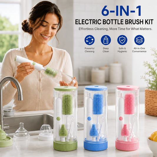 A woman in a kitchen holds a white electric bottle brush while three more bottle brushes in clear cylindrical cases with green, blue, and pink lids sit on the counter. Text at the top reads '6-IN-1 ELECTRIC BOTTLE BRUSH KIT' with feature icons.