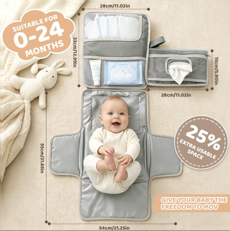A baby changing pad set shown in an open flat layout with dimension labels, alongside a baby wearing a white outfit and a plush toy on a beige background. The pad is gray with white and blue interior sections, and the image includes promotional text such as 'Suitable for 0-24 months' and '25% extra usable space.