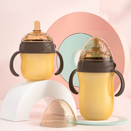 Two collapsible silicone baby bottles with weighted straw and anti-colic wide-neck nipple, 150ml and 240ml sizes