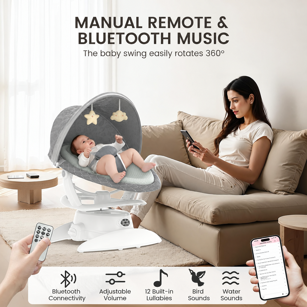 Baby swing remote and Bluetooth features without brand lettering