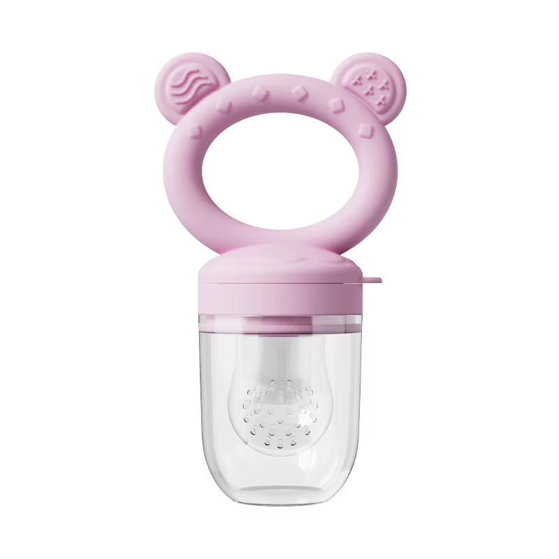 Pink baby teether with a clear container on a white background