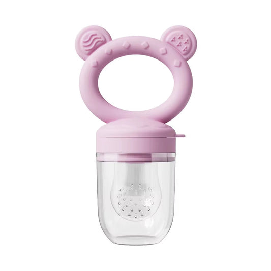 Pink baby teether with a clear container on a white background
